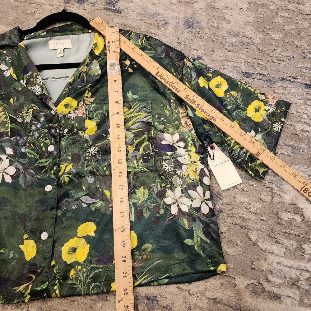 NWT Ted Baker Satin 2 Piece Pajama Set Boxy Green Botanical Birds Size Large